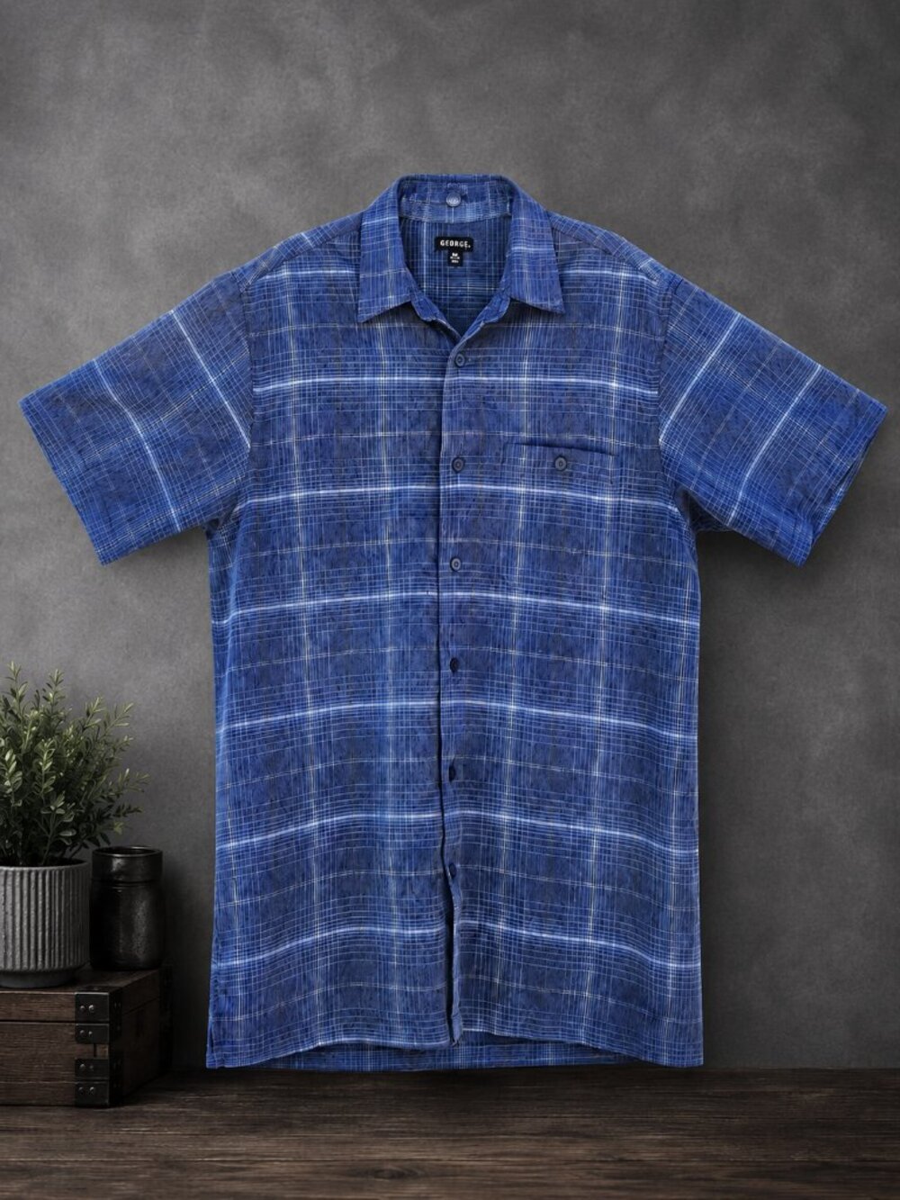 George Men's Short-Sleeve Button-Up Blue Plaid Shirt - M (38-40)
